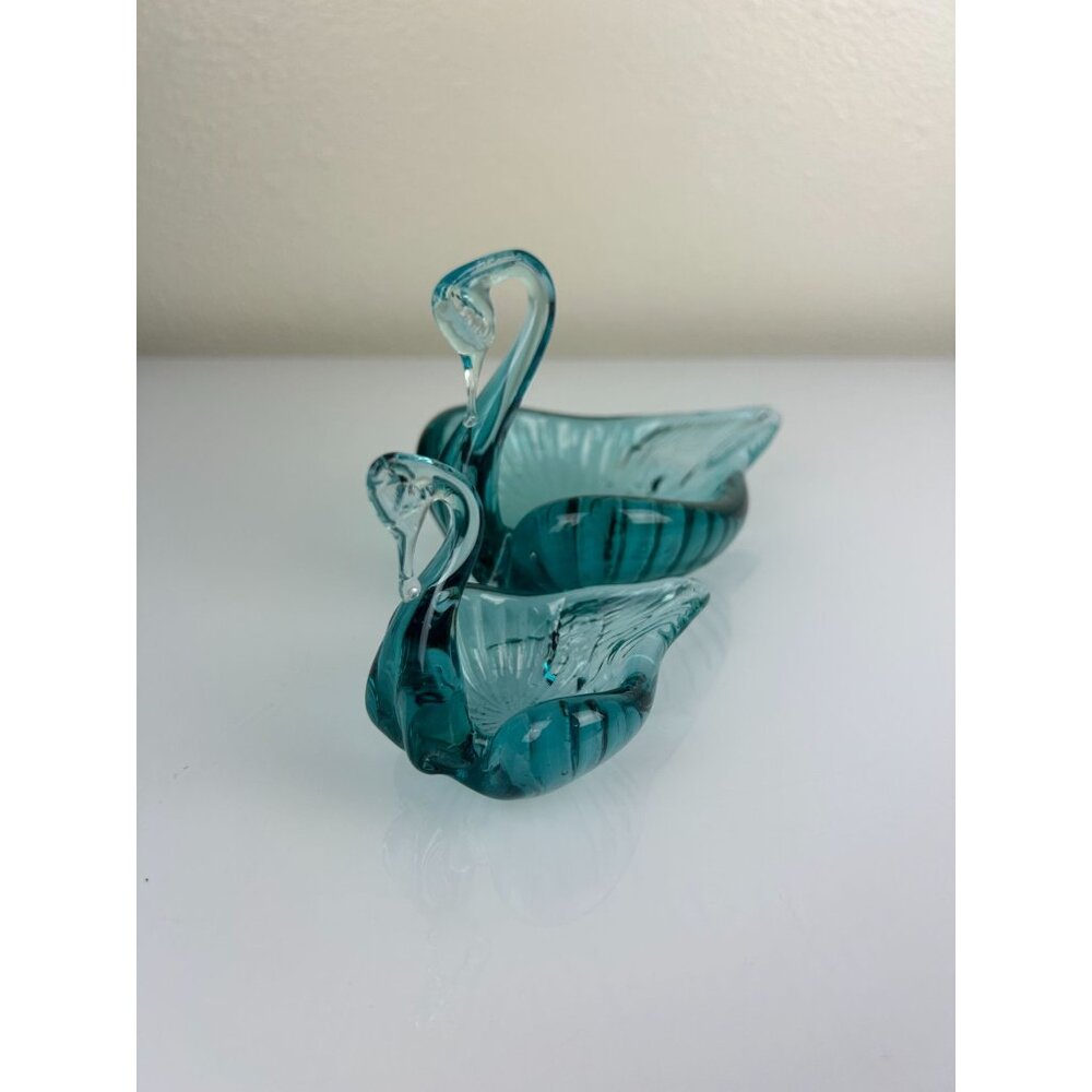 Vintage Green Blue Glass Art Swan Set, Large & Small, Home Decor Gift - Picture 2 of 13